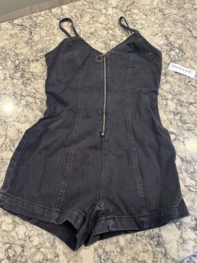 PacSun Black Denim Zip Romper with Ring Pull